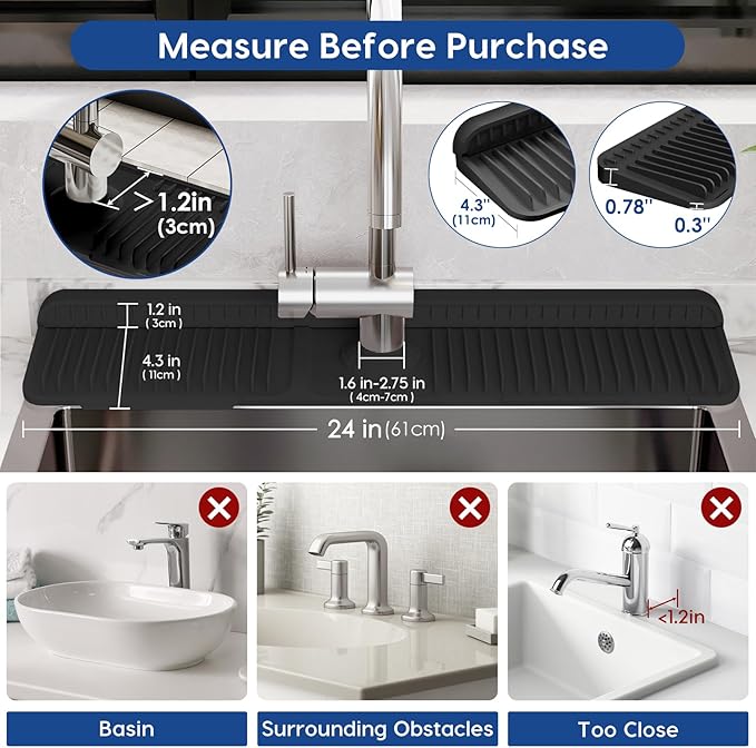 24 Inch Silicone Faucet Mat for Kitchen Sink Splash Guard - 7° Slope Upgraded Water Draining Mat with Fasten Button for Bathroom Area (Black, 24''x5.5'')