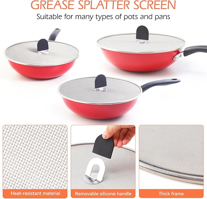 Snowyee Grease Splatter Guard, 3PCS Splatter Screen with Silicone Heat Resistant Handle and Stainless Steel Fine Mesh Design for Safe Indoor and Outdoor Cooking (13/11.5/10 inch and 33/29/25cm)