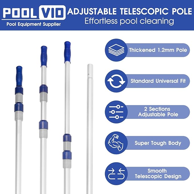Poolvio 12 FT Telescopic Swimming Pool Pole - Adjustable 2 Piece Aluminum Pool Pole for Pool Cleaning Skimmer Nets Vacuum Heads & Brushes, Strong Grip & Lock