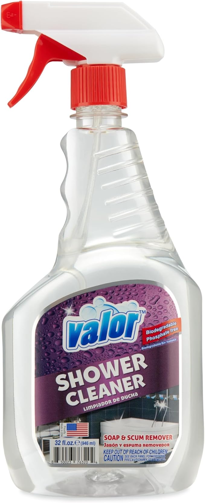 Valor Shower Cleaner Spray – Soap Scum & Hard Water Stain Cleaning Solution for Bathroom, Tub & Tile, (32 Fl Oz (Pack of 1))