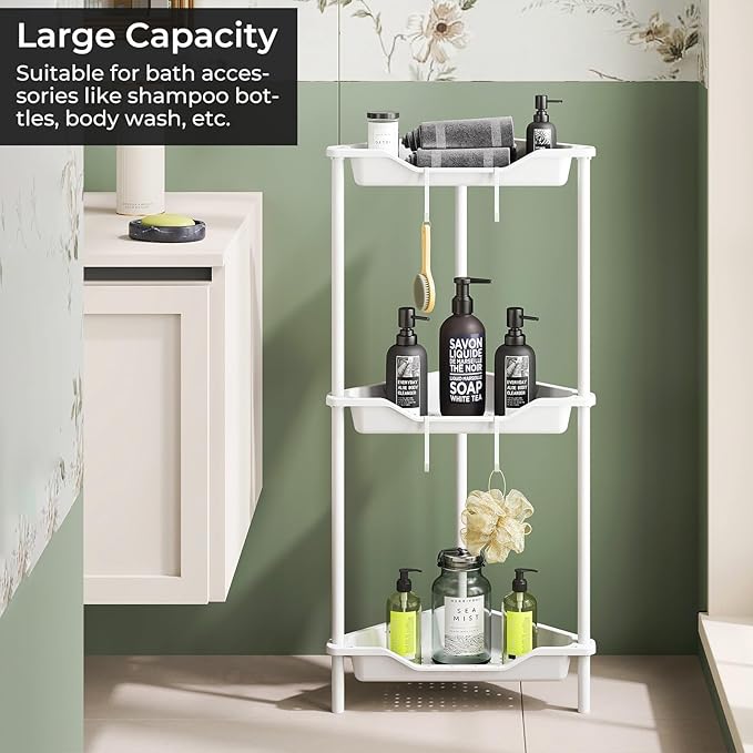 ODesign 3 Tier Corner Shower Caddy Standing Floor Standing Corner Shower Caddy Organizer Shower Table Plastic Metal Splicing Shelf Storage Rack for Bathroom White- Rustproof