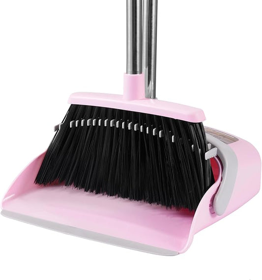 BSKLIN Broom and Dustpan Set, 54” Long Adjustable Household Hand Broom with Dustpan Teeth to Clean Hair Broom with Dustpan Set Heavy Duty to Clean Hair for Home Lobby Office (Pink)