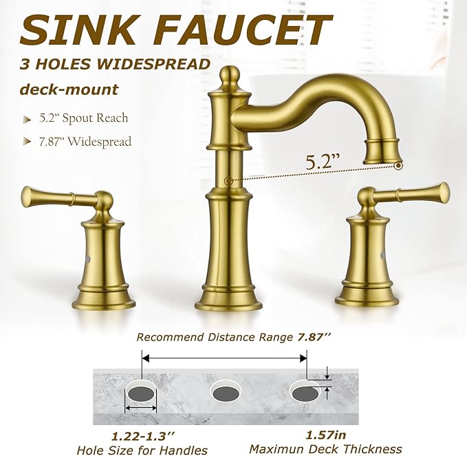 Roman Bathroom Sink Faucet 3 Holes Brushed Gold 2 Handle Widespread 8 inch Deck Mount Installation with Overflow Pop Up Drain Assembly and Water Supply Lines