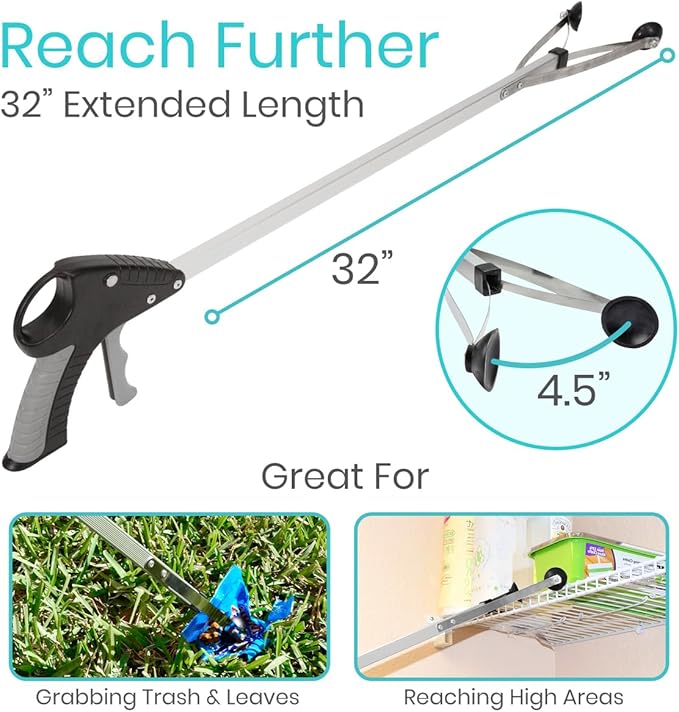Vive Suction Cup Grabber Reacher 32" - Elderly Grab It Reaching Pickup Tool Heavy Duty for Seniors - Trash, Sticks, Litter Picker Upper - Extra Long Reach Handle & Handy Extension Arm Claw