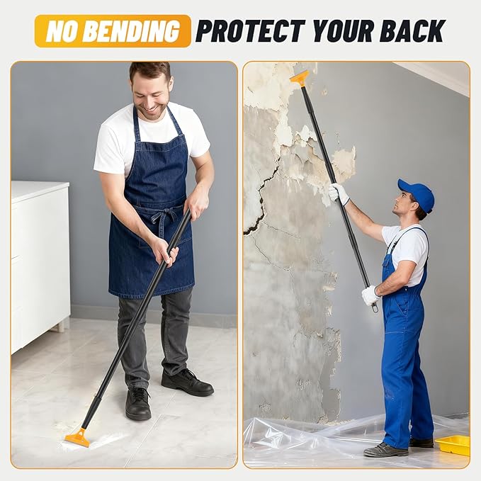 Floor Scraper Long Handle Heavy Duty, 8-72" Adjustable Razor Blade Scraper Tool with 10 Blades, 4 Inch Paint Scraper for Cleaning Floors, Walls, Tile, Glass, Adhesive, Gum, Popcorn Ceiling(2 Pack)