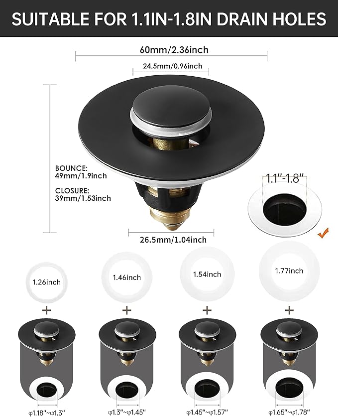 Fransiton Bathroom Sink Stopper, 1.1-1.77 Inch Basin Pop Up Black Sink Drain Stopper, Anti Clogging Drain Plug with Detachable Hair Catcher