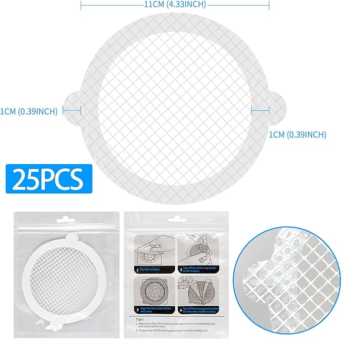 25pcs Disposable Shower Drain Hair Catcher Hair Trap for Shower Drain Mesh Stickers Shower Strainer for Bathroom Tub Kitchen Sink Shower Drain Cover Hair Stopper (White 25)