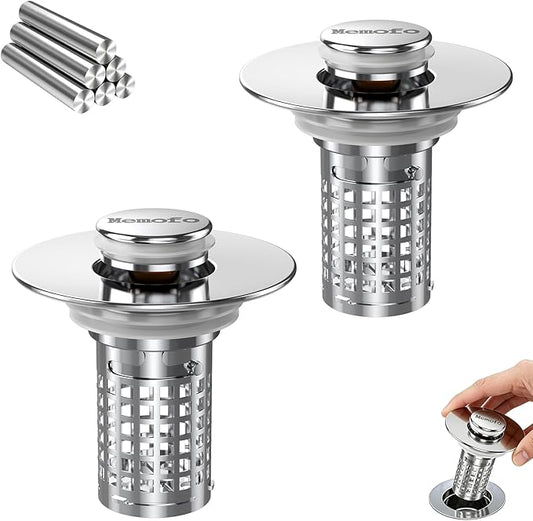 Bathroom Sink Stopper, Stainless Steel Pop-up Sink Stopper Hair Catcher with Removable Basket (2PCS)