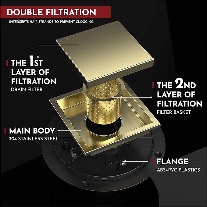 WEBANG 4 Inch Square Shower Drain Gold Floor Drain with Flange Reversible 2-in-1 Cover Tile Insert Grate Removable SUS304 Stainless Steel CUPC Certified Brushed Gold