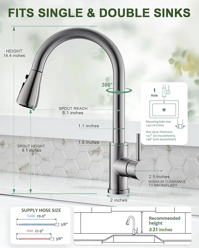 Kitchen Faucet with Pull Down Sprayer, VFAUOSIT Lead-Free Kitchen Sink Faucet Brushed Nickel Stainless Steel High Arc Pull Out Single Hole Kitchen Faucets for Pot Filler, Farmhouse RV Bar Laundry Room