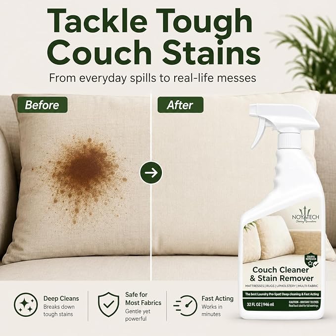 NOYATECH Couch Cleaner and Stain Remover Spray – Professional Strength, Multi-Surface Fabric and Upholstery Cleaner – Pet-Safe, Non-Toxic, Quick-Drying for Couches, Sofas & Car Interiors.