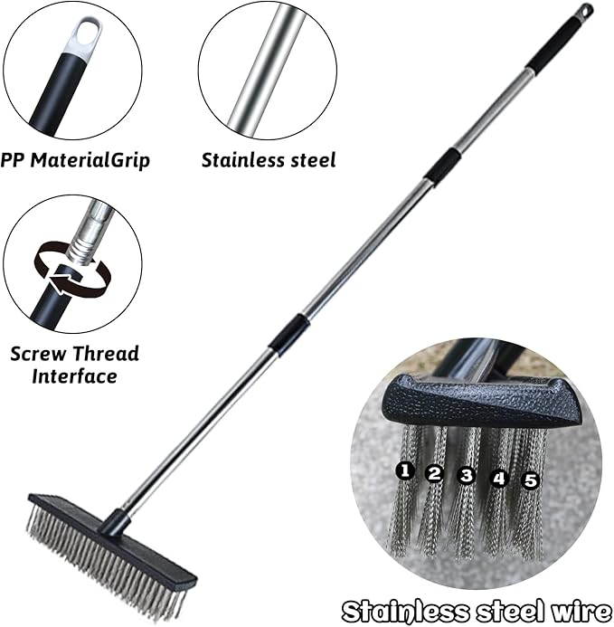 Heavy Duty Wire Push Broom Brush, 15.7" Stainless Steel Bristle Deck Brush with Long Handle for Removing Weeds, Outdoor Broom for Rough Surface Dirt