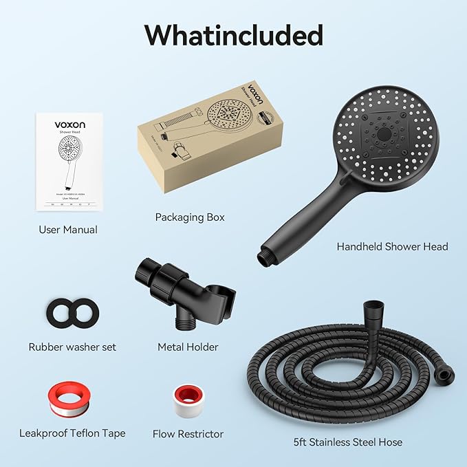 VOXON Shower Head 10 Functions, High Pressure Handheld Shower Head, Built-in 2 Power Wash Mode to Clean Corner, Non-Clogging Nozzles, Leakproof Stainless Steel Hose&Metal Bracket, Black