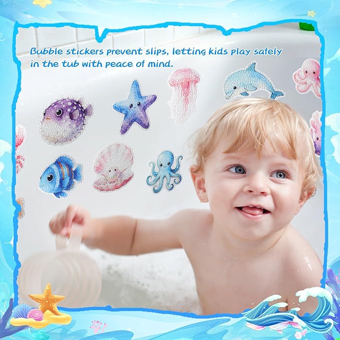 32 Pcs Cute Non Slip Bathtub Stickers for Shower Colorful Bathroom Anti Slip Shower Stickers Floor Applique Adhesive Decals with Scraper for Bathtub Bathroom Floor Pools(Sea)