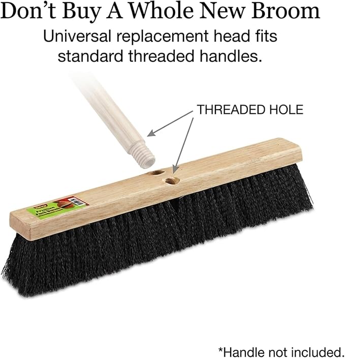 Black Indoor Push Broom Head – Heavy Duty Hardwood Block – Polypropylene Bristles – Deck Scrub Brush – Two Threaded Handle Holes for Better Assist (24")