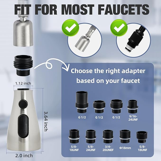 Kitchen Faucet Head Replacement, 3-Function Pull Down Spray Head with 9 Adapters, Sink Faucet Spray Head Compatible with Moen, Delta, American Standard Faucet, etc, Brushed Nickel