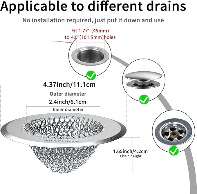 TRAPMATE 2 Pack Bathroom Sink Drain Strainer, 4.4" Fast Drainage Shower Drain Hair Catcher, Anti-Slip Bathtub Drain Hair Catcher, Stainless Steel Shower Drain Cover for Tub, Sink (Patented Product)