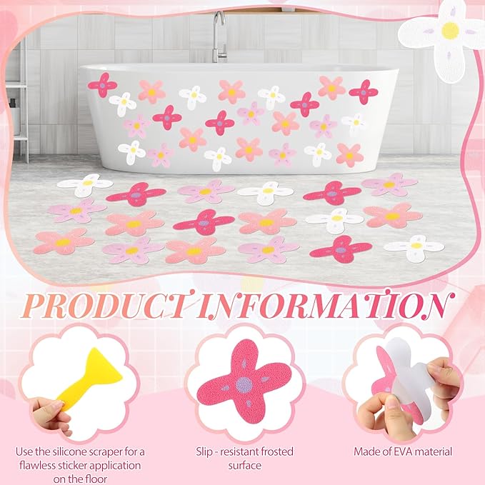 32 Pcs Cute Non Slip Bathtub Stickers for Shower Colorful Bathroom Anti Slip Shower Stickers Floor Applique Adhesive Decals with Scraper for Bathtub Bathroom Floor Pools (Flower)