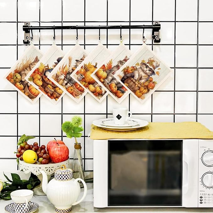 Fall Pumpkin Swedish Dishcloths for Kitchen 6 Pack Bunny Autumn Cellulose Sponge Cloths Non Scratch Reusable Paper Towels No Odor, Biodegradable and Reusable Kitchen Dish Rags