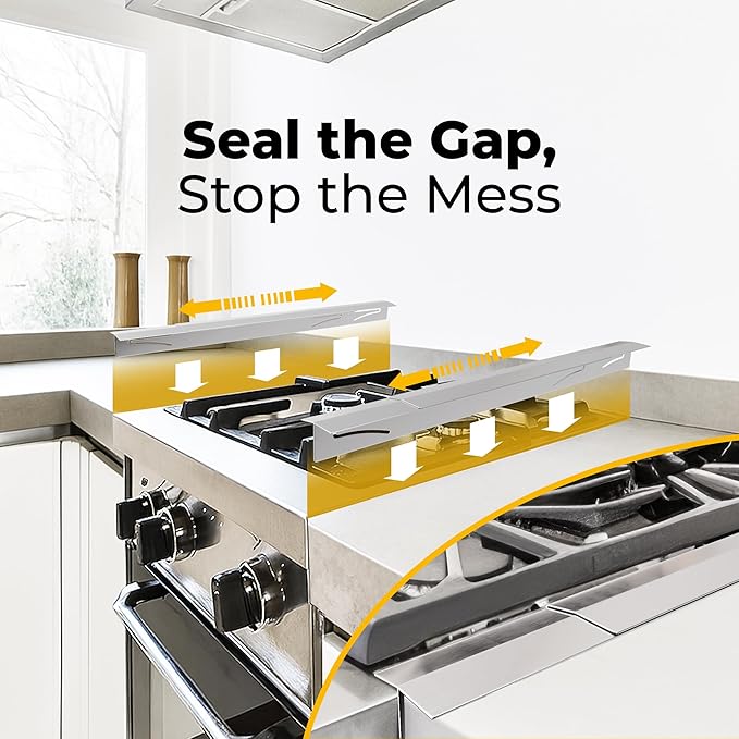 T-Shaped Stainless Steel Stove Gap Covers with Non-Slip Grip Strips – Extendable Length Stove Gap Filler (2 Pack, 14"-27.5") – Non-Sliding, Heat Resistant for Seamless Kitchen Protection (Silver)