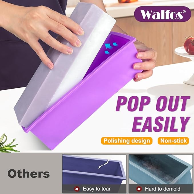 Walfos Silicone Soap Mold - Flexible Rectangular Loaf Mold Comes with Wood Box, Stainless Steel Wavy + Straight Scraper for Soaps Making 42oz
