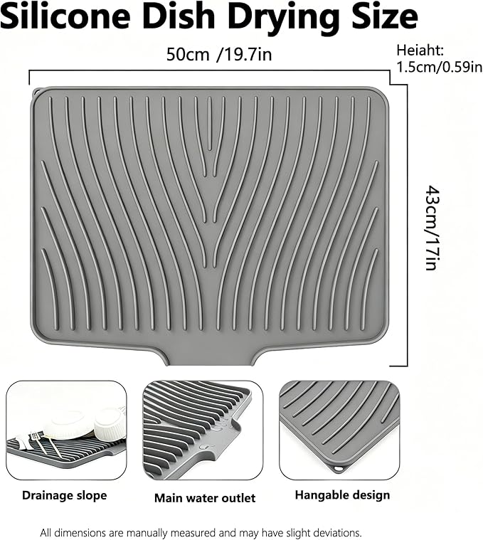 Silicone Dish Drying Mat,Dish Drying Pad,Kitchen Accessories,with Built-In and Non-Slip Drain,Easy Clean, Fit for Kitchen, Bar, RV, Refrigerator and Drawer Liner, 19.7 * 17 in Grey 1PCS by EBIGIC