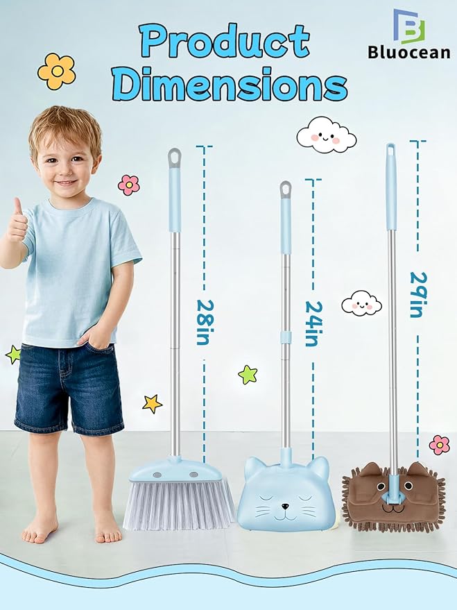 28'' Kids Mini Broom with Dustpan & Mop Set - Toddler Cleaning Toy, Toddler Household Helper, Parent-Child Interactive Play Cleaning Tool, Cute Cartoon Design, Small Safe Corner Broom (Blue Bubble)