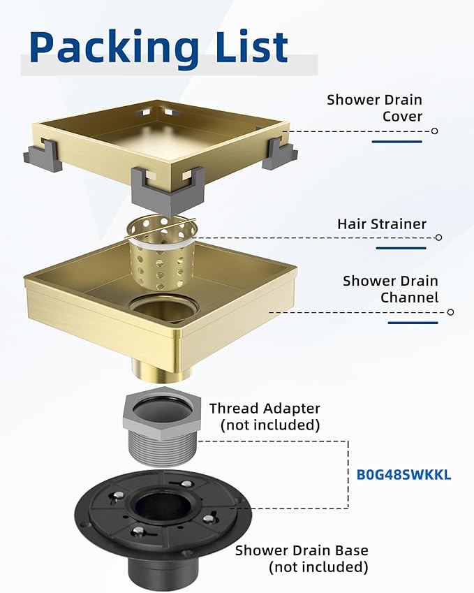 6 Inch Gold Shower Drain, Modern 2-in-1 Tiled Shower Drain - 304 Stainless Steel Square Shower Floor Drain for Bathroom, Brushed Gold Drain Shower with Tile Insert Grate Removable, Hair Strainer