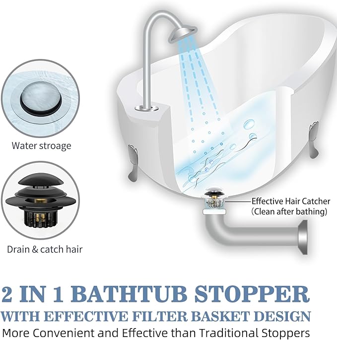 2 in 1 Tub Stopper Bathtub Drain Hair Catcher with Dual Filtration Design, Anti-Clogging Bathtub Drain Plug Bath Tub Stoppers for 1.45-1.8" Drain Shoe, Black