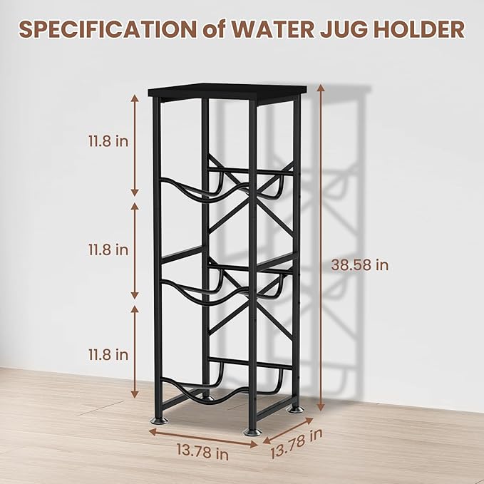 5 Gallon Water Jug Holder, 3-Tier Water Bottle Holder with Wood Top Shelf, Heavy Duty Water Cooler Jug Rack, Storage Stand for Kitchen Office and Living Room, Black