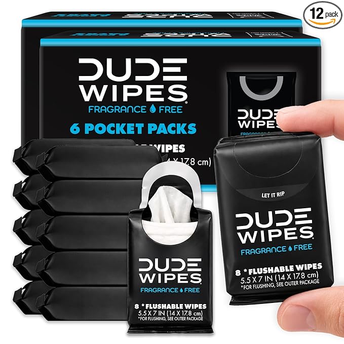 DUDE Wipes Unscented Pocket Packs - Travel Wipes - 12 Packs of 8 (96 Count) - On-The-Go Adult Flushable Wipes for Sensitive Skin - Infused with Vitamin E and Aloe - Septic and Sewer Safe