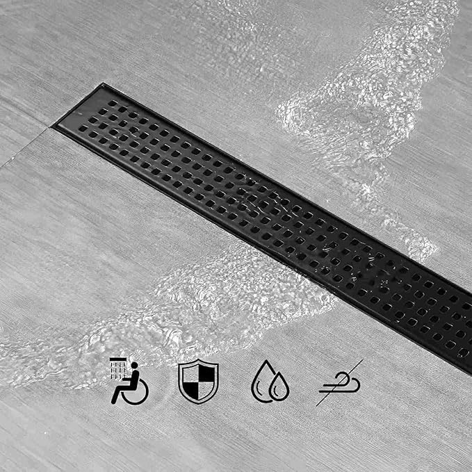 SaniteModar Linear Shower Drain, Matte Black Shower Drain 24 inch with Removable Grate,Brushed 304 Stainless Steel Shower Drain Include Hair Strainer,Adjustable Leveling Feet