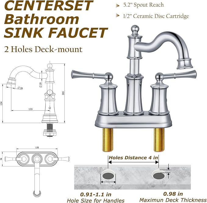 Roman Bathroom Sink Faucet Deck Mount or Wall Mount Installation Pop-up Drain Assembly with Overflow Deck Plate and Water Supply Lines Included (2 Hole Deck Mount, Chrome)