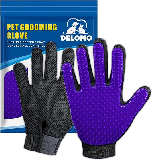 DELOMO Pet Hair Remover Glove - Gentle Pet Grooming Glove Brush - Deshedding Glove - Massage Mitt with Enhanced Five Finger Design - Perfect for Dogs & Cats with Long & Short Fur - 1 Pack, Purple