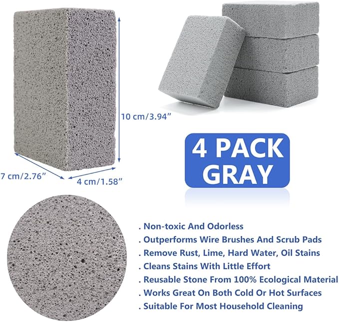 Magic Blackstone Griddle Scraper，4 Pack Gray Stone Cleaning Block Clean Brick for Grill, Removing Stains BBQ，Pool, Racks, Baking Steel, Oven, Flat Top Cookers, Utensils, Exfoliation Dead Skin, Toilet