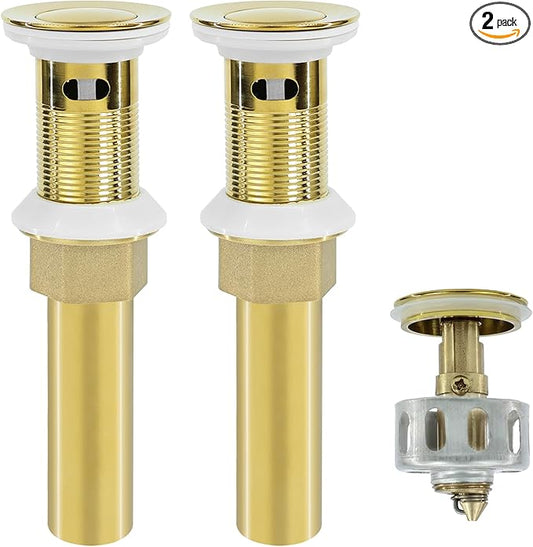 Bathroom Sink Drain,2 Pack Gold Stainless Steel Bathroom Drain Stopper with Overflow,Small Cap Pop Up Drain Assembly with Detachable Strainer Basket,Built-in Anti-Clogging