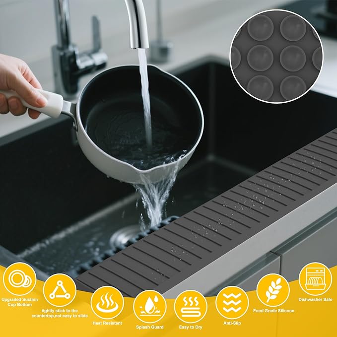 Kitchen Sink Splash Guard, 4" x 30" Sink Edge Protector with Suction Cups, Silicone Sink Mat for Kitchen, Bathroom Sink, Steel, Granite, Quartz Countertops, Multifuctional Sink Accessories (Black)