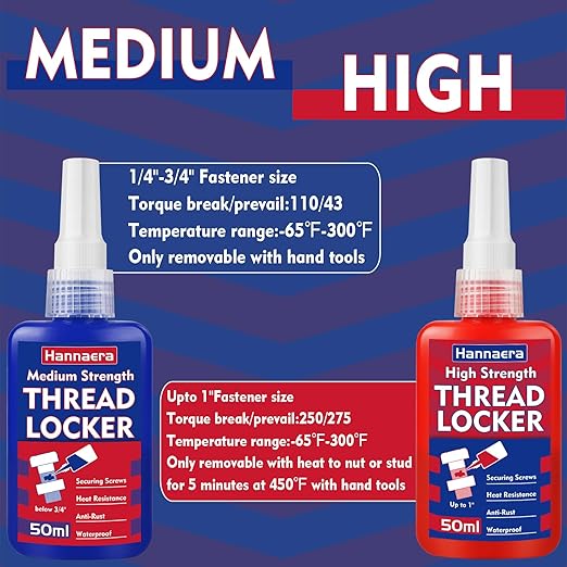 Thread Lock Blue and Red, Threadlocker Medium and High Strength, Thread Locker for Nuts, Bolts, Fasteners and Metals, Against Losening and Leakage (50 mlx2)