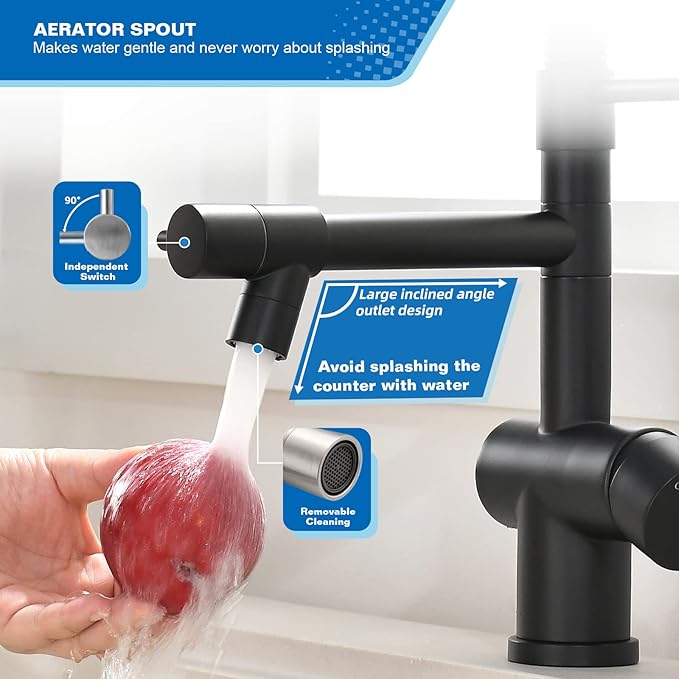 VFAUOSIT Commercial Spring Pull Down Kitchen Faucet with Dual Outlets – Matte Black 360° Rotating Lower Spout + High Pressure Sprayer, Single Handle Lever Stainless Steel for RV Farmhouse Sink