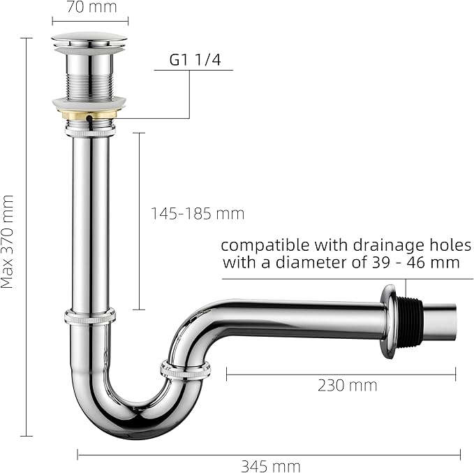 Thickened Brass P Trap Set: 1-1/4 P Trap with Bathroom Sink Stopper - Sink Drain Plumbing Kit for Pipe Replacement (Chrome, No Overflow)