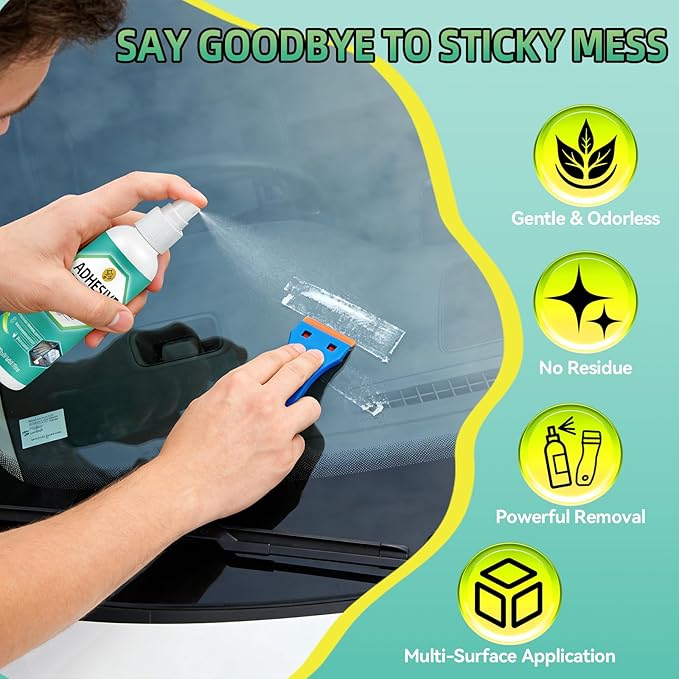 Halldeli Adhesive Remover Kit, Sticker Remover Spray for Cars, Floor, Windows, Surface-Safe Glue Remover with Plastic Scraper – Quickly Removes Decals, Tape Residue, Gum, Tar and Grease