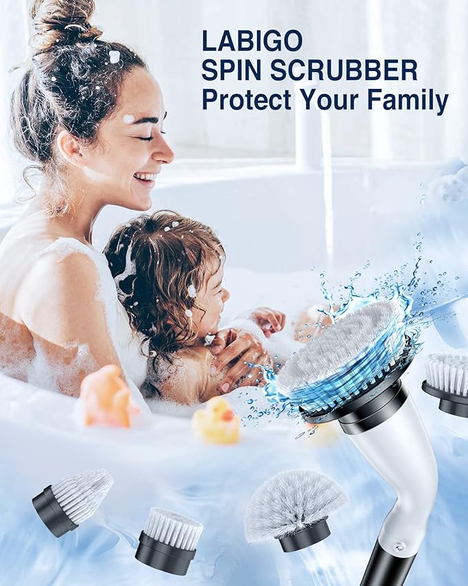 LABIGO Electric Spin Scrubber, Cordless Cleaning Brush Scrubber with 7 Replaceable Brush Heads and Adjustable Extension Handle, IPX7 Waterproof Power Cleaning Brush for Bathroom Tub Floor Tile Shower