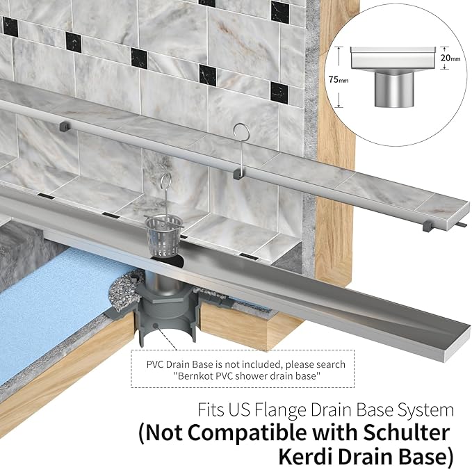 Linear Shower Drain 12", Brushed Floor Drain with Tiled Insert Grate & Hair Strainer, 304 Stainless Steel Bathroom 2-in-1 Tiled in Drain, CUPC Certified (Brushed, 12'')