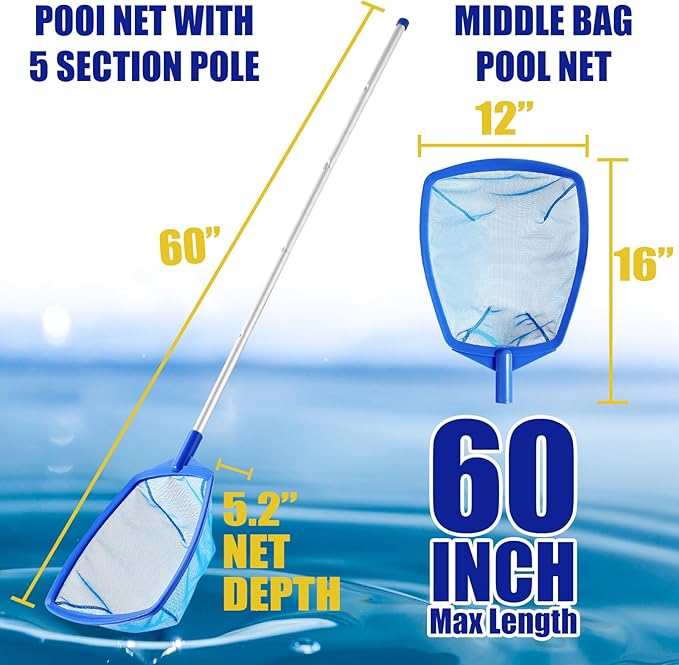 Pool Skimmer - Pool Skimmer Net with 5 Section Adjustable Telescopic Aluminum Pole, 23''- 60'', Pool Net Skimmer Rake with Ultra Fine Mesh , Pool Leaf Skimmer for Swimming Pools, Spas, Hot Tubs