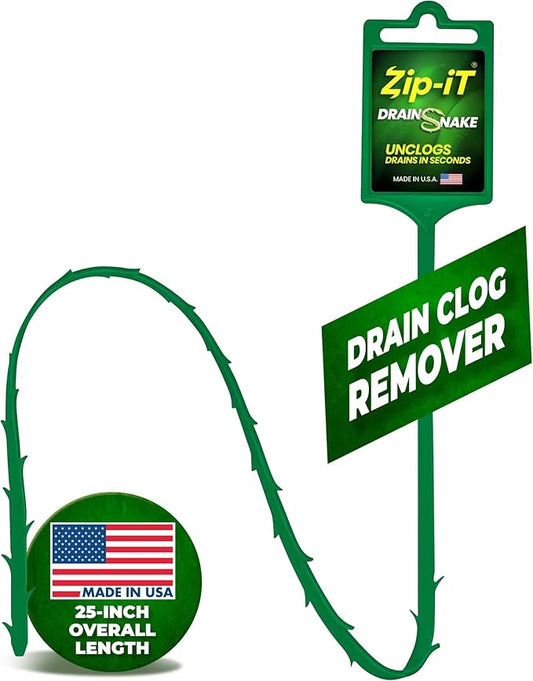 Zip-It Hair Drain Clog Remover, 25-inch Unclogger Tool for Shower, Tub & Sink - Reusable Snake Drain Hair Removal Tool, Flexible Non-toxic - Green (1-Pack)