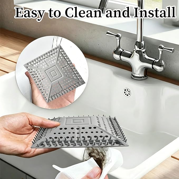 Square Silicone Shower Drain Hair Catcher - Prevents Clogs, Easy Clean & Install Bathroom Drain Cover for Shower/Tub/Sink, Fits Most Standard Drains, Grey