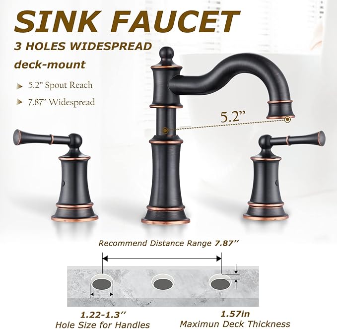 Roman Bathroom Sink Faucet Deck Mount or Wall Mount Installation Pop-up Drain Assembly with Overflow Deck Plate and Water Supply Lines Included (3 Hole Deck Mount, ORB)