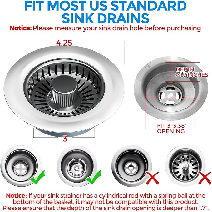 zaa Kitchen Sink Drain Strainer - Kitchen Sink Stopper, 304 Stainless Steel Sink Drain Stopper, Sink Protector for Kitchen with Anti-Clog Filter, Fit US Standard 3-1/2'' Sink Drain Hole, Gray