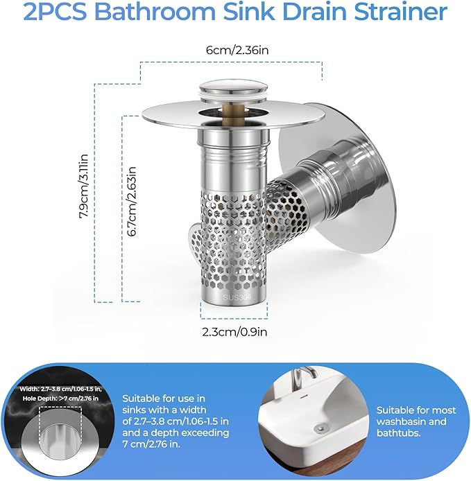 2 Pack Pop Up Bathroom Sink Drain Stoppers, Removable Sink Drain Strainer Stopper Hair Catcher with Stainless Steel Anti-Clog Filter Basket for Sinks and Drains 1.06-1.5 Inch