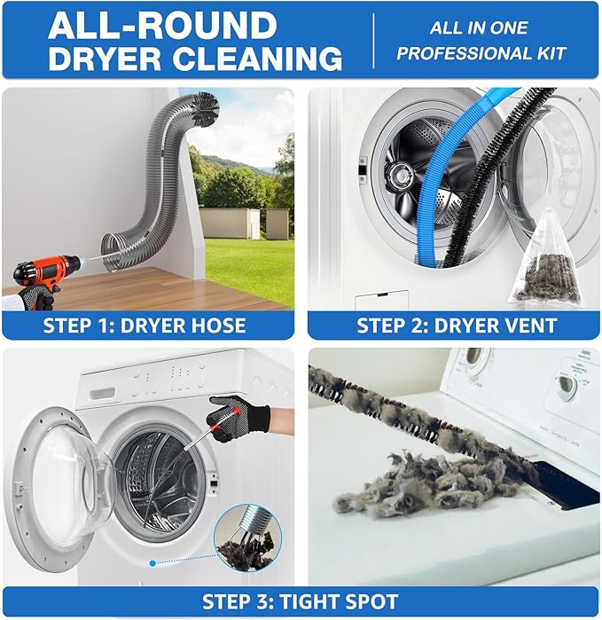 22-Piece 50-Feet Dryer Vent Cleaner Kit, Dryer Vent Cleaning Kit Lint Remover with Dryer Vent Brush, Vacuum Hose Attachment Cleaning Tools, Flexible Lint Trap Brush, Vacuum & Dryer Adapters